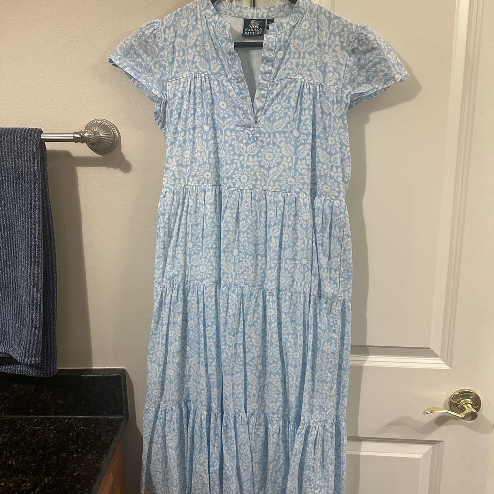 Blue Tiered Maxi Sundress with Flutter Cap Sleeves
